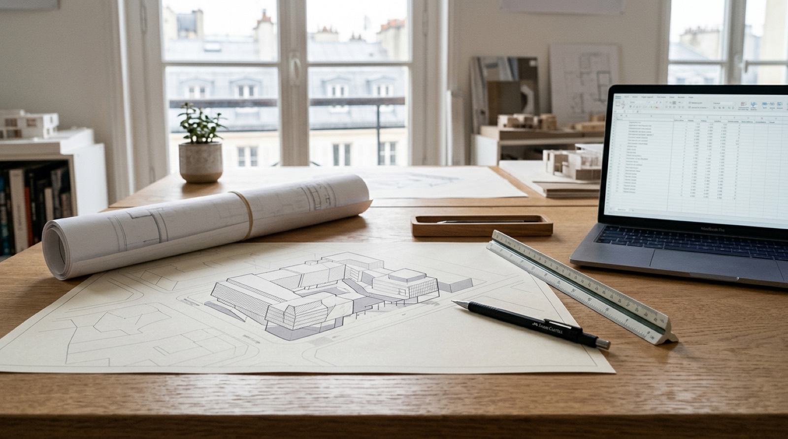 Table de travail d'architecte : plan masse, axonométrie, tableau de quantités